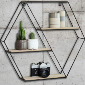 Hanging rack black metal natural wooden hexagon wall shelf