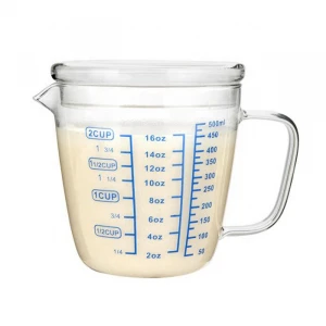 High borosilicate eco-friendly graduated measuring milk cup heat resistant quartz glass beaker mug with handle and lid