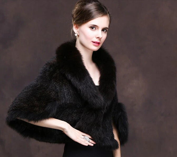 High quality classic design real mink fur shawl and stole with fox fur trim