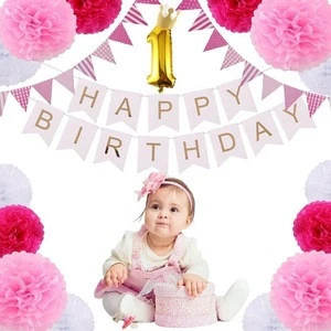 Hot Sale 1st Birthday Party Supplies With  Girls Favors, 16" Big Balloon Banner Decorations, Paper Pom Poms Factory OEM