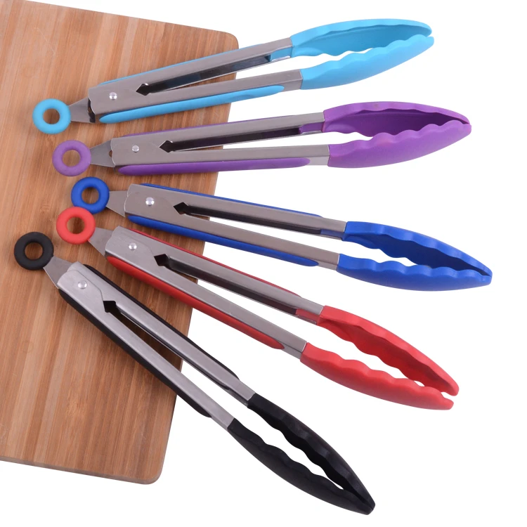 Kitchen gadgets 10 inch Silicone head safety kitchen food tongs BBQ food tong with handle lock