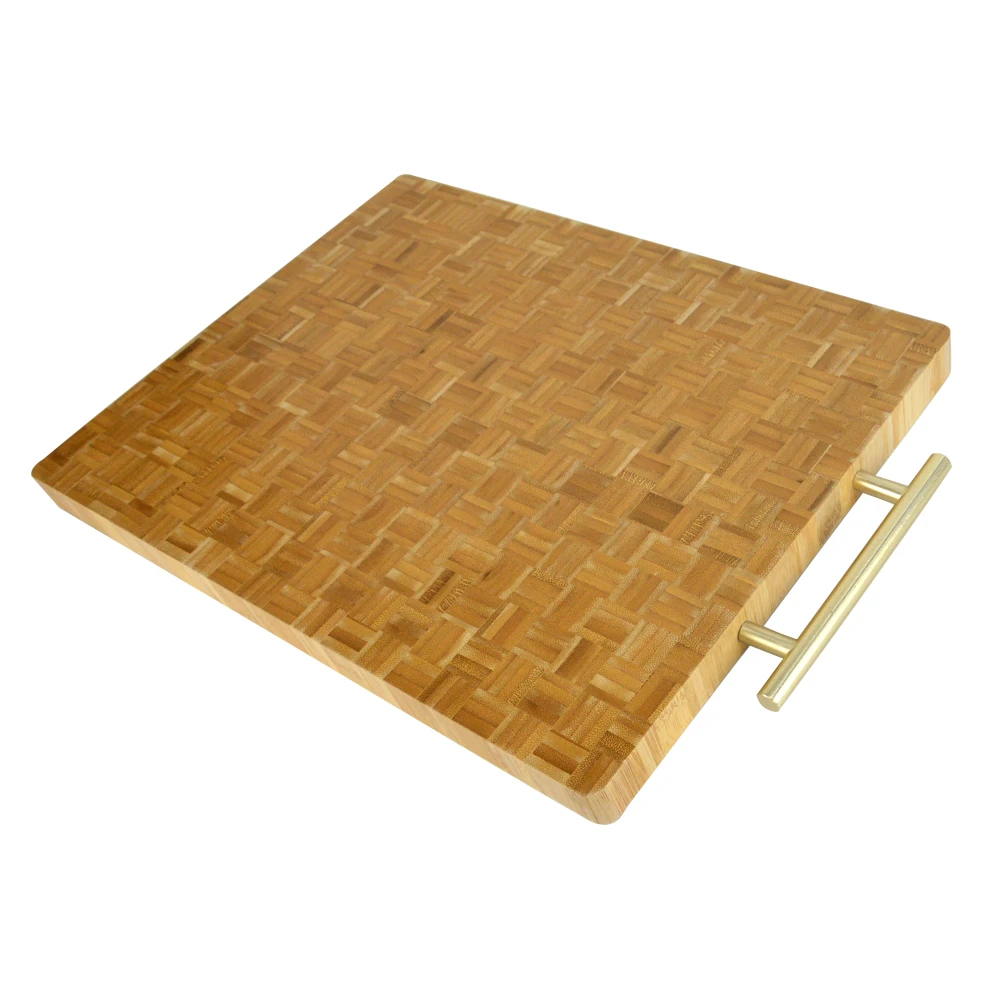 Large Bamboo Cutting Board with Metal Handle End Grain Chopping Block Kitchen Meat Vegetable Charcuterie Butcher Board