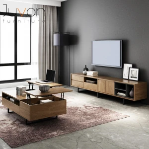 Living Room Furniture Unit Simple Modern New Model Design MDF Veneer Laminate Wooden TV Media Rack Stand Cabinet With Showcase
