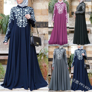 Long sleeved stand up collar flower print big swing dress long skirt women abaya muslim dresses islamic clothing omen