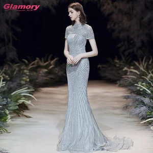 Luxury Beaded Formal Gowns Long Silver Short Sleeves Trumpet Evening Gown for muslim evening dress