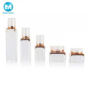 Luxury Square Shape Cosmetic Jar Packaging Set Pump Lotion Acrylic Bottle And Empty Cream Jar With Golden Shoulder