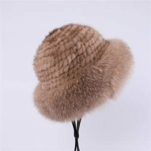 Luxury Womens Winter Warm Mink Fur Knitted Bucket Hat Fox Fur Trim Caps Top Beanies Hats