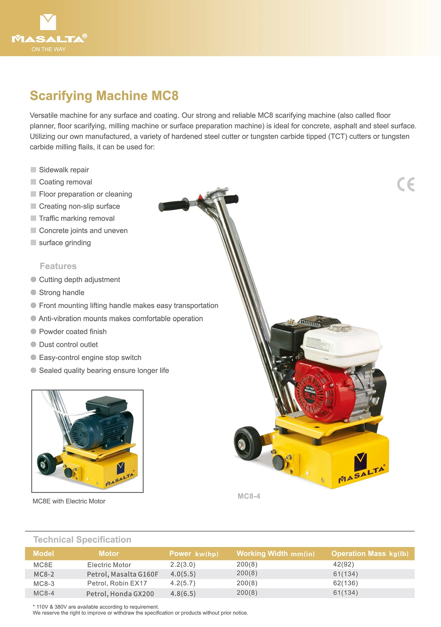 Masalta 5.0HP Road Surface Grinding Scarifying Concrete Joints and Uneven Machine MC8-3R w/o drum with Robin EY20