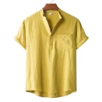Mens casual linen-cotton shirt plain color short-sleeved shirt Summer short sleeved shirt men