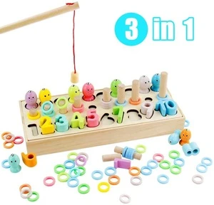 Montessori Wood Toys Fishing Game Math Shape Puzzle Sorting Preschool Blocks Puzzles Learning Math Number Toy