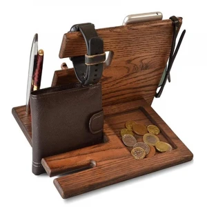 Natural oak phone key Hooks Holder Wallet Stand Watch oak wood desk organizer