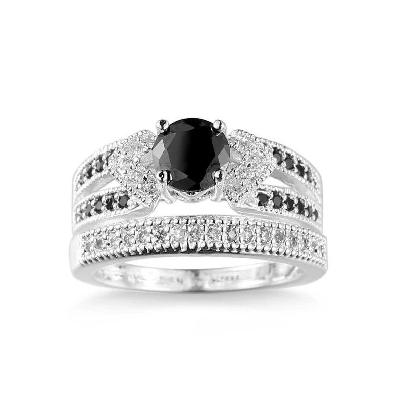New Arrivals Black Gold Plated Couple Ring Round Cut Cubic Zirconia Black Stone Gemstone Wedding Ring Set