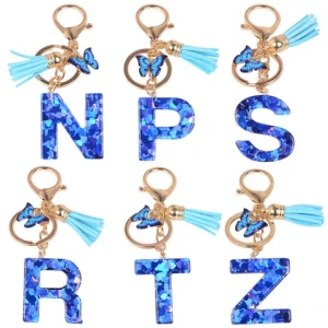 New blue butterfly fringe Heart letter key chain 26 sequin letter pendant for ladies