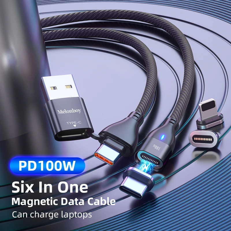 New design 6 in 1 Braided Nylon Magnetic Cable PD 100W Charging Cable i-product Micro USB Data cable