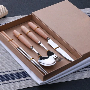New Design Classic 4-Piece 18/8 Stainless Steel Dinner Knife Fork Spoon Chopsticks Cutlery Flatware Set With Wood Handle