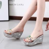 New stylish fashion high heels 9cm wedge heel rhinestone transparent sandals elegant wear-resistant slippers for ladies