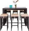 Outdoor Rattan Table Wicker Bar Dining Patio Furniture Set with Glass Table Top and Rattan Stools