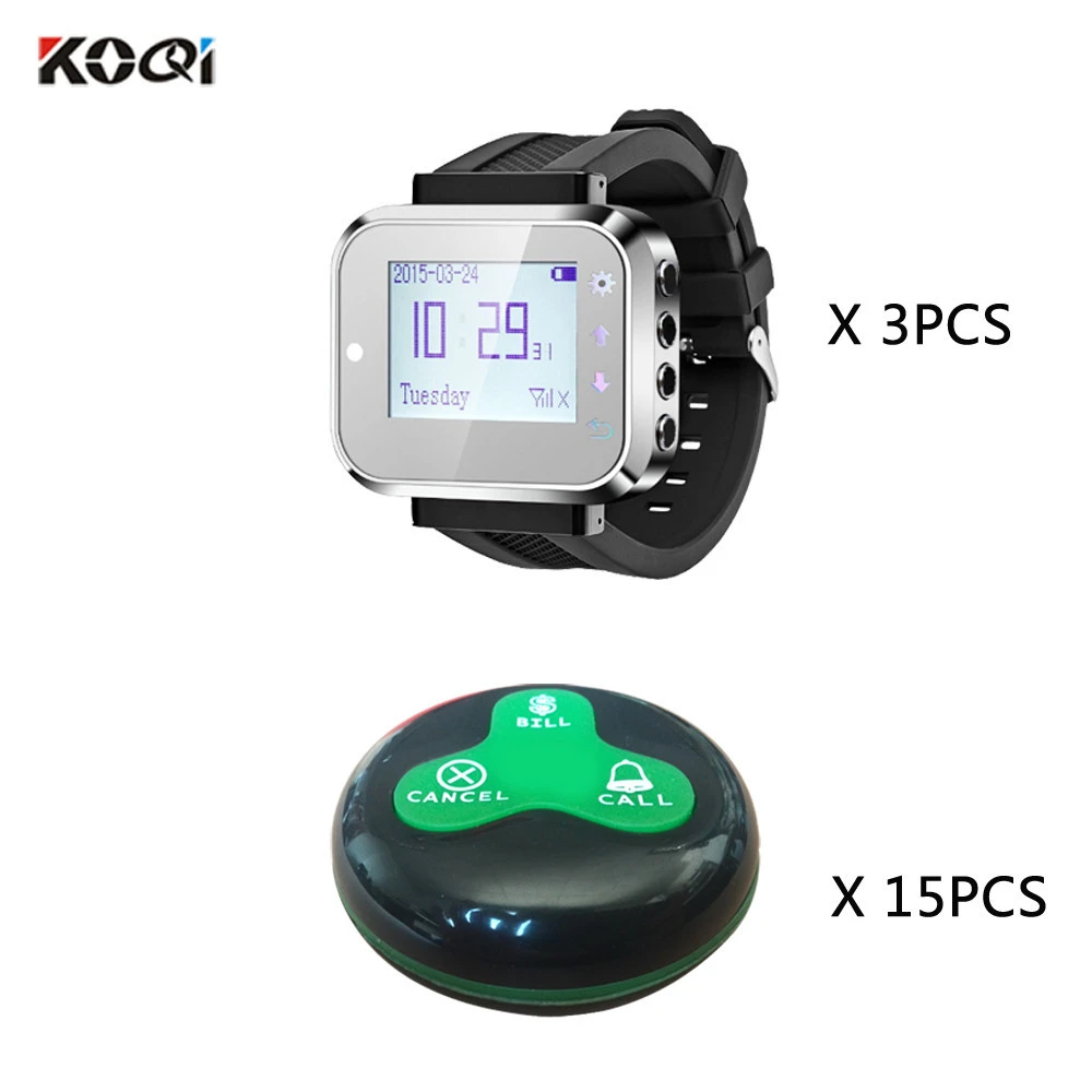Personal Call Button Watch Pager Customer Paging Waiter Pager Ordering  Wireless Restaurant Calling System(3 watches 15 buttons)