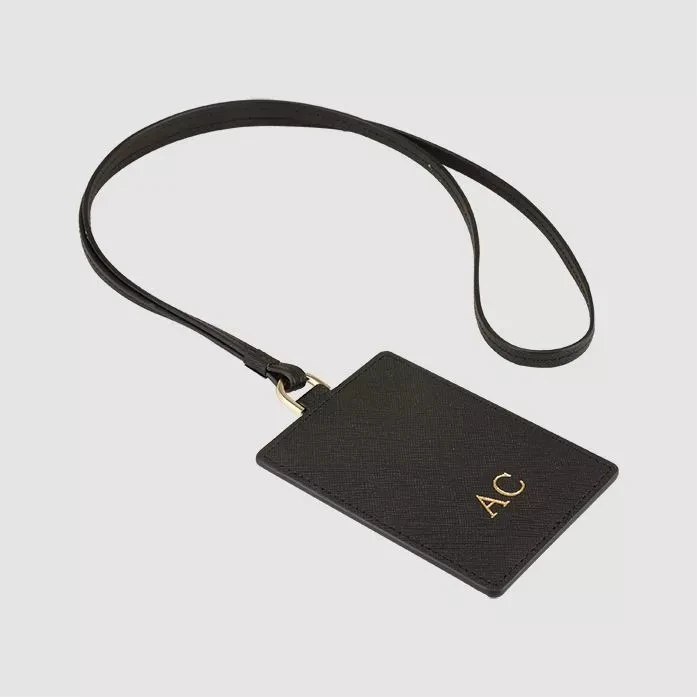 Personalized black saffiano leather card case credit card holder with lanyard