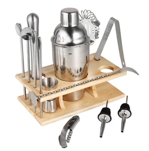 Premium Stainless Steel Mixing Tools Cocktail Shaker Set Bar Tools Accessories with Bamboo Stand
