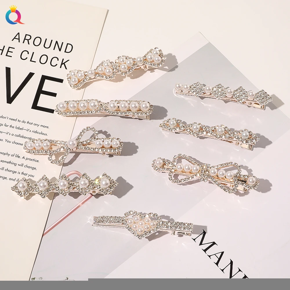 Qiyue New Arrival Rhinestone Diamond Hair Clip Pearl Hairpin Bling Glitter Hair Pins Accessories Women Fashion Hairgrips