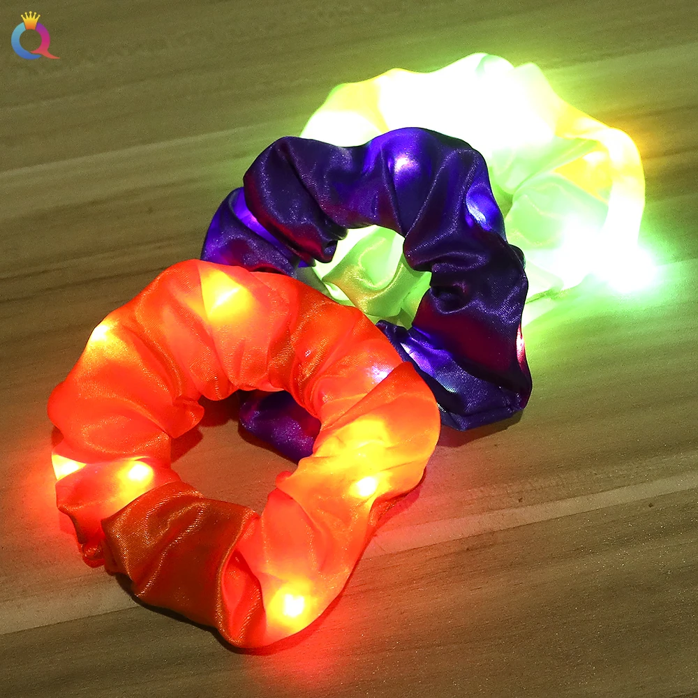 Qiyue New Fashion Candy Color Night Light Satin Silk Scrunchies Flash LED Hair Ties