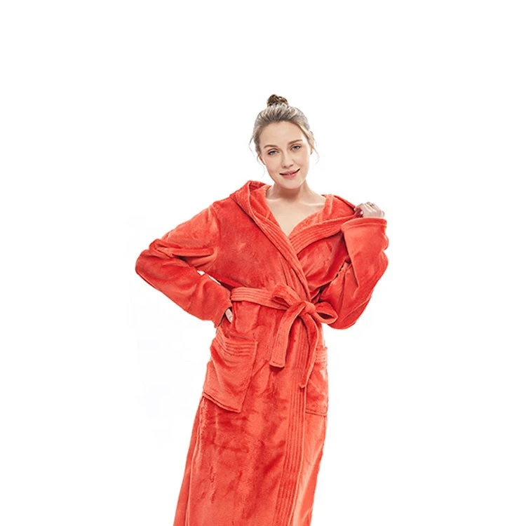 Red V-neck Long Plush Robe Warm Hooded Soft Fleece Womens Bathrobe