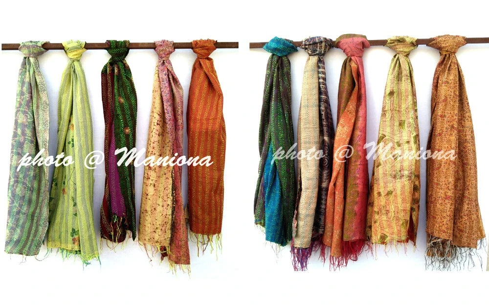 Reversible handmade re-cycled silk scarf / stole multi-color multi-use unique handwoven kantha vintage kantha scarf women hijab