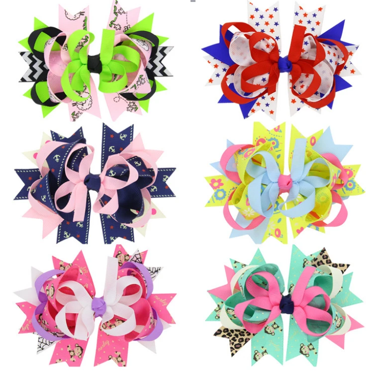ribbon mix color layered hair bow with dressed clip for girls hairpin for kids