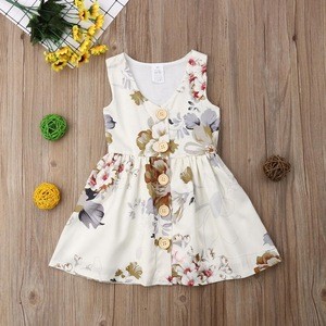 Sleeveless Print Dress Open Button Girls Dress Big Flower Baby Skirt
