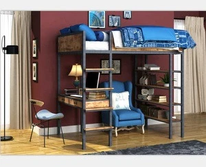 Space Saving Vintage Metal Single Loft Bed with Desk and Shelves