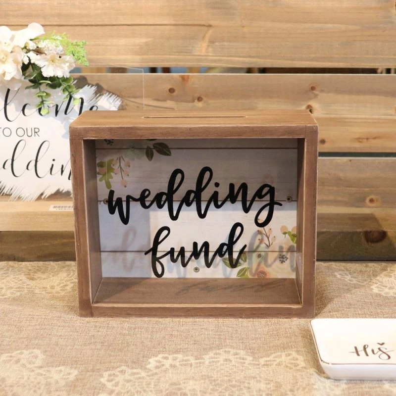Square House Decor Honeymoon Fund Wedding Saving Acryl Wooden Money Box