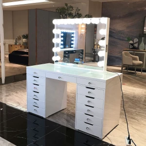 Stock in USA! Docarelife Cosmetic Beauty Hollywood Lighted Makeup Mirror with Desk Makeup Dressing Table Vanity Mirror Set