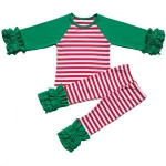 The most popular unisex christmas green white stripes top and pants sets with green cuff fit for 0-10yrs