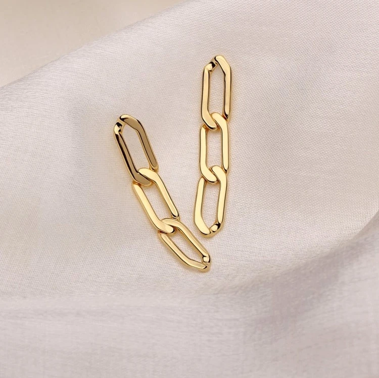 Trending 18k Gold Plated Stainless Steel Hypoallergenic Simple Long Dangling Earrings Chunky Curb Link Chain Stud Earrings
