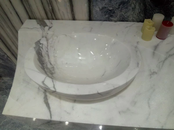 Vanity top snow white marble stone integrated bathroom sink and countertop