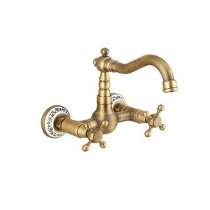 Wall Mounted Antique Brass Kitchen Faucet with Double Cross Handle Wall Kitchen Tap Mixer