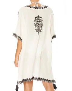 Wholesale Apparel Womens Sexy Beach Wear High V-Neck Relaxed Fit with Tassels Beach Cover Up Embroidery Short Kaftan