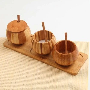 Wholesale bamboo bowl with wood cover, seasoning salt sugar storage box wooden spice bowl