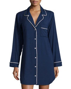 Wholesale cheap Super soft ladies long sleeves modal jersey nightshirt with piping and patch pocket shirttail hem