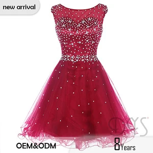 Wholesale dark red  illusion beaded short tulle puffy homecoming dress
