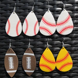 Wholesale Monogram Leather PU Baseball Softball Teardrop Earrings