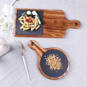 Wholesale natural ebony wood square stone pizza plate cutting board with handle