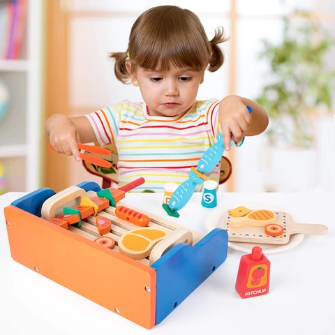Wholesale Preschool Funny Kids Cooking Pretend Play Food Cutting Toy Set Barbecue Grill BBQ Tool Education Toy
