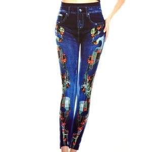 Womens sexy jeans high waist denim print leggings with pocket