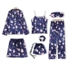 Womens Silk Satin Two Piece Pajamas Long Sleeve Loungewear Pyjamas Women Sleepwear 7pcs PJ Set