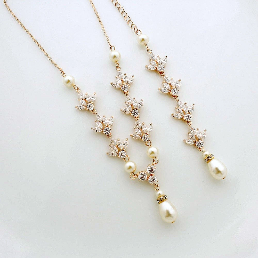Zooying rose gold silver crystal backdrop pearl cubic zircon bridal necklace