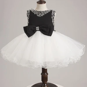 zipper-back white and black bow flower girl prom wed dress cheap price