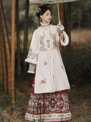 New Chinese Hanfu Women's [Cinnabar] Round Collar Coat Winter Warm Standing Collar New Year's War Coat Double-breasted Horse Face Skirt