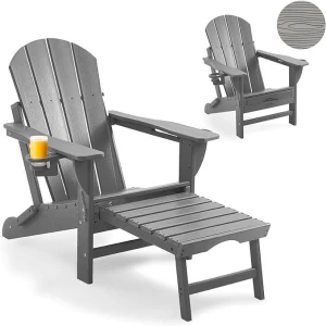 G&C Folding Adirondack Chair Patio Plastic Chair with 2 Cup Holder Adirondack Retractable Ottoman